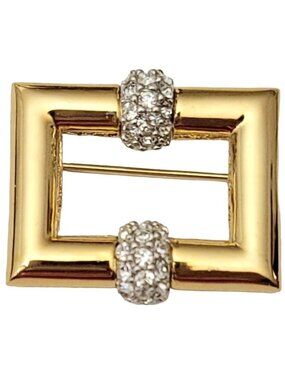 D'Orlan Gold Tone Clear Rhinestone Square, Open Bar Pin Brooch, Signed